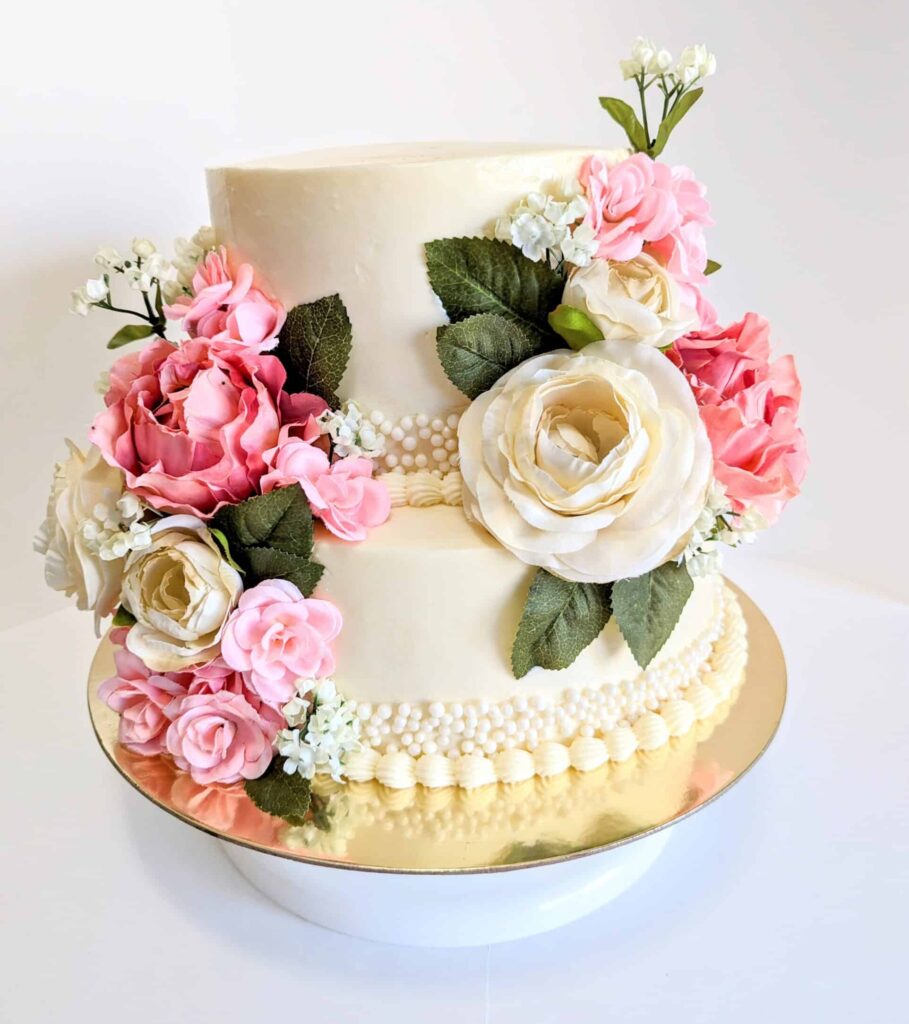 Two tiered flowered wedding cake