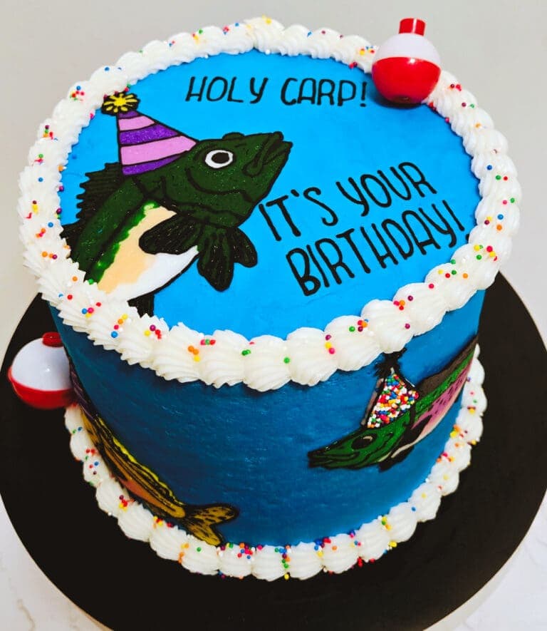 Holy Carp It's Your Birthday" custom fishing themed birthday cake